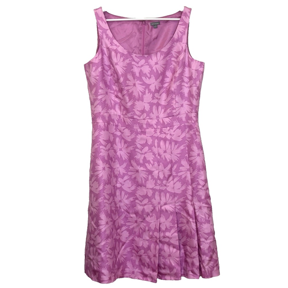 Ann Taylor A-Line Dress Size 14 Pink Floral Pleated Skirt Sleeveless Scoop Neck